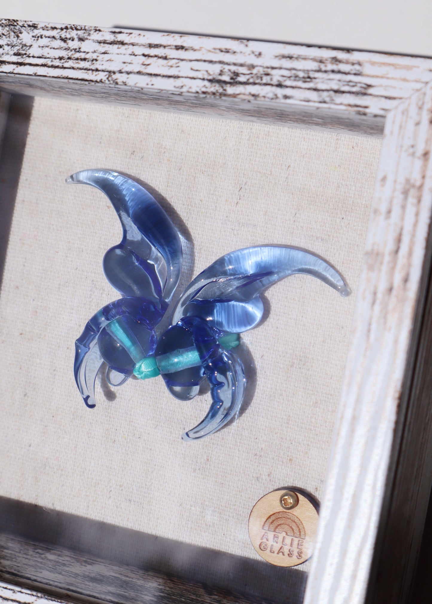 Blue Jade Glass Butterfly in 5.5” x 5.5” Shadowbox