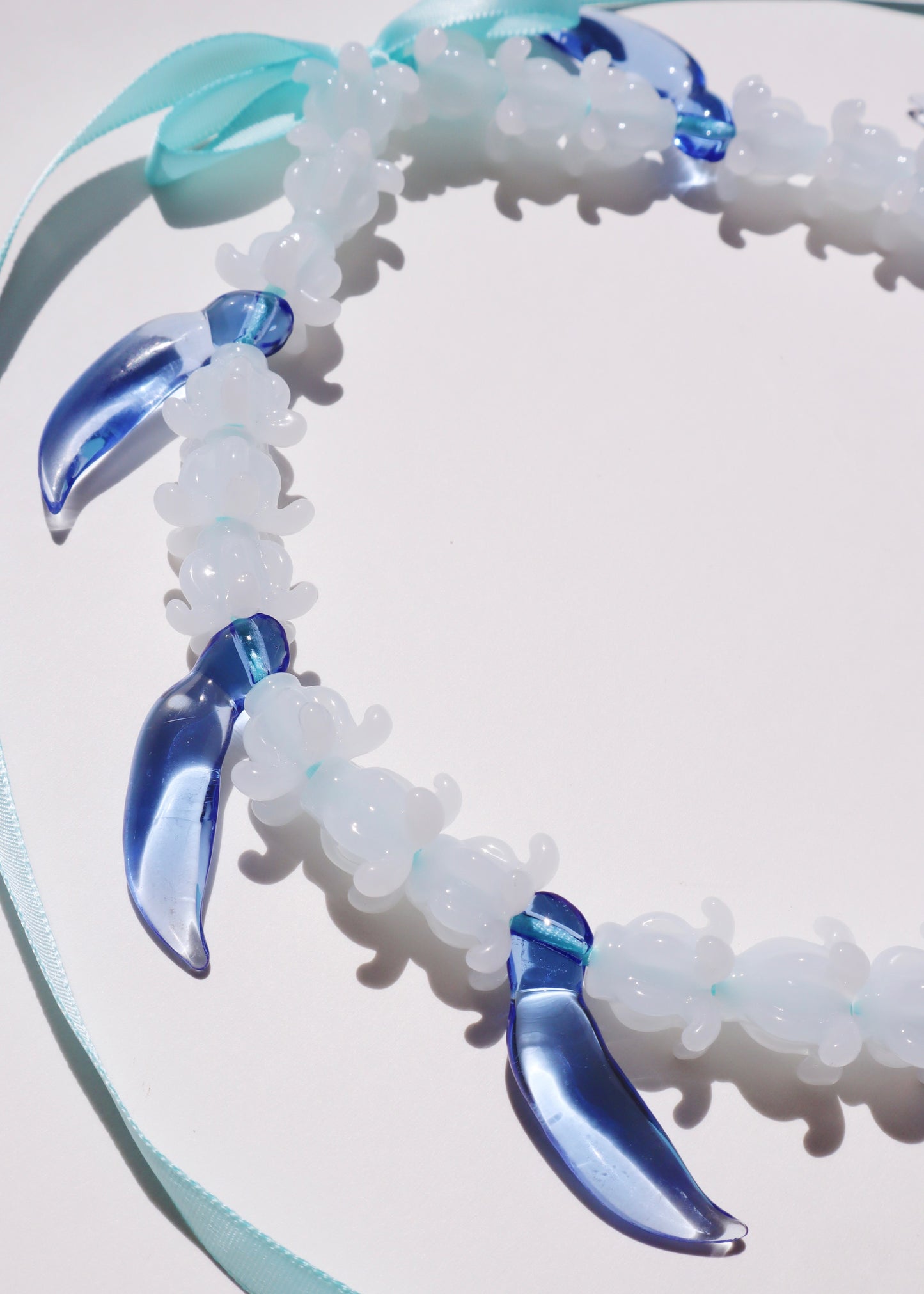Full Glass Blue Jade Bud & White Crown Flower Necklace