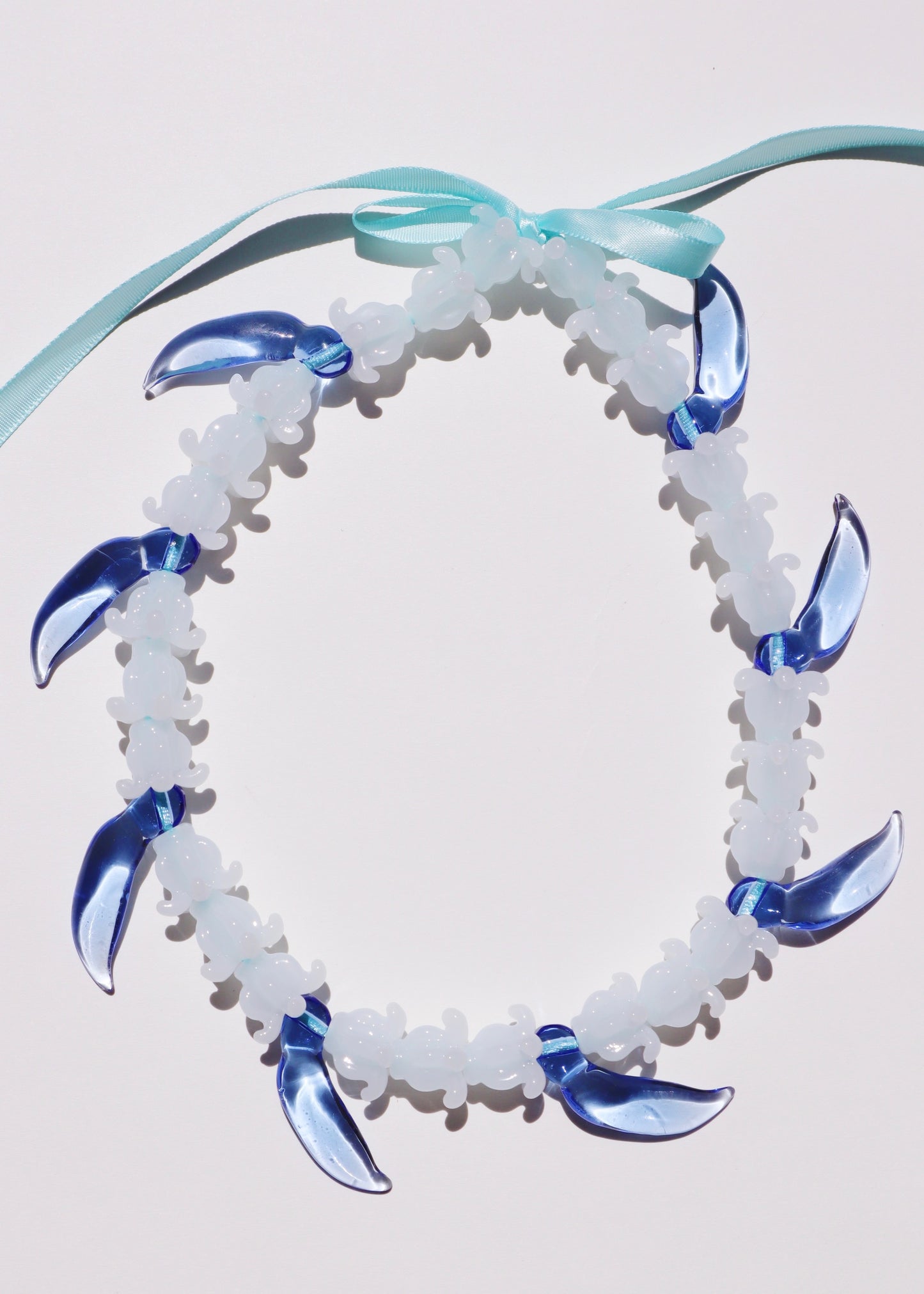 Full Glass Blue Jade Bud & White Crown Flower Necklace