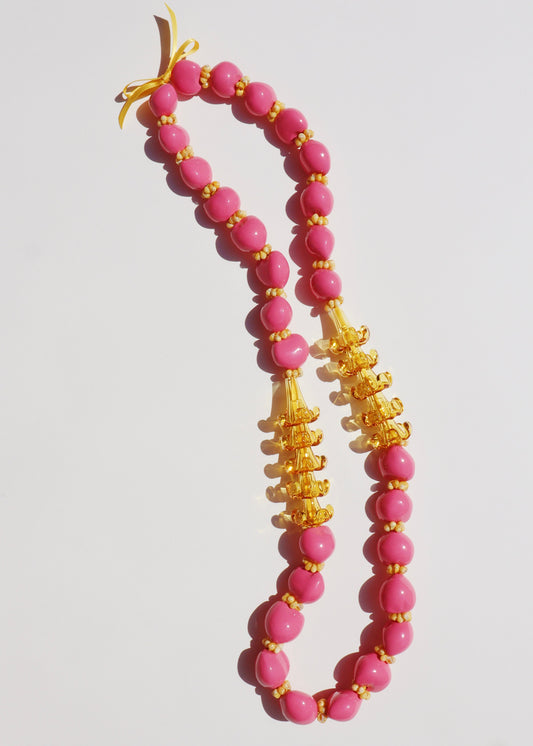 Kukui Nut & Yellow Glass Puakenikeni Lei with 10 Glass Pua