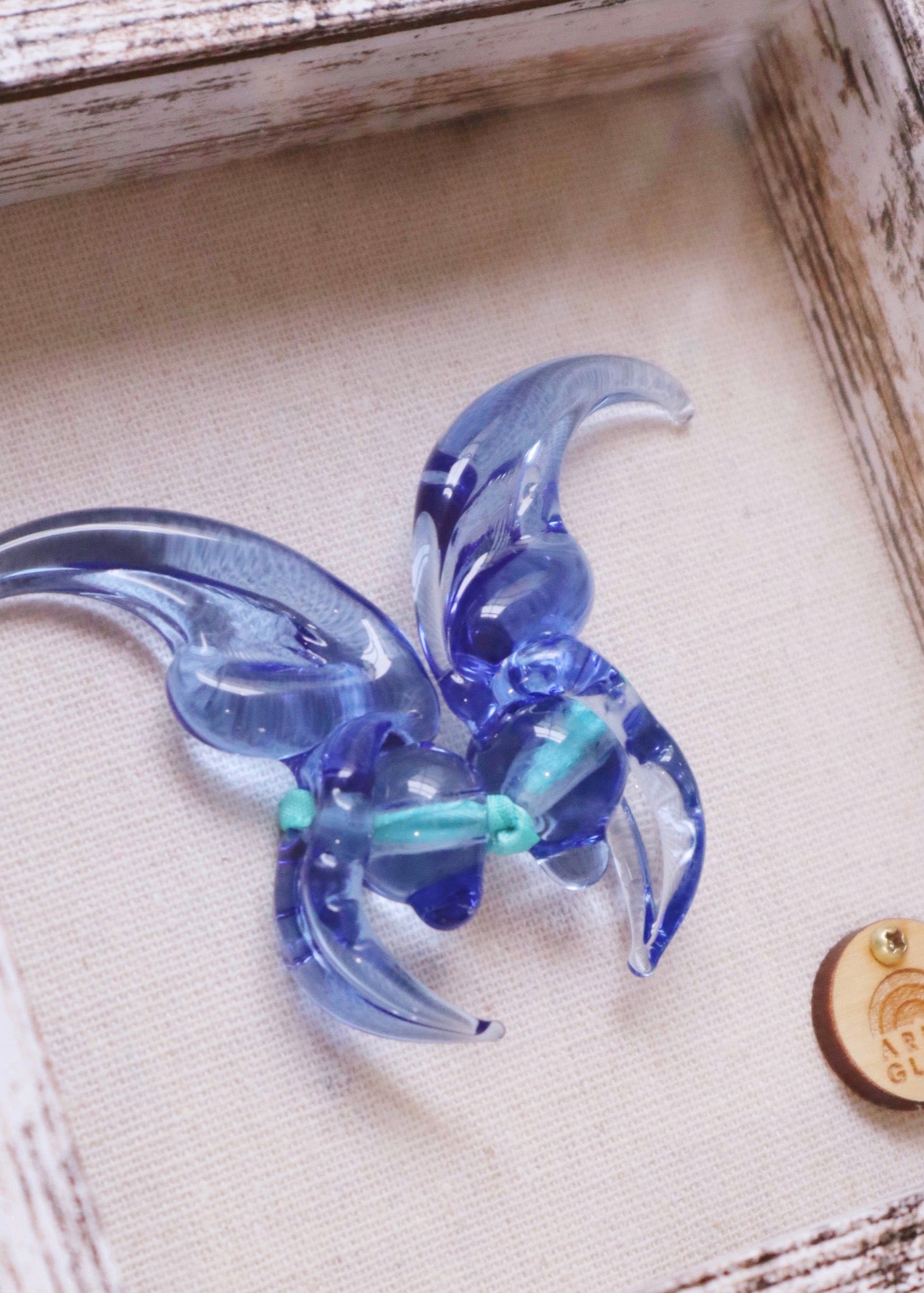 Blue Jade Glass Butterfly in 5.5” x 5.5” Shadowbox No. 1