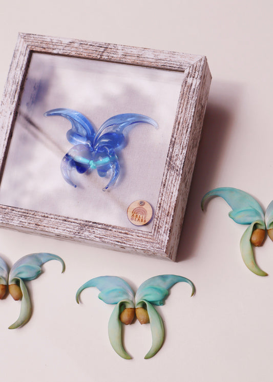 Blue Jade Glass Butterfly in 5.5” x 5.5” Shadowbox No. 1