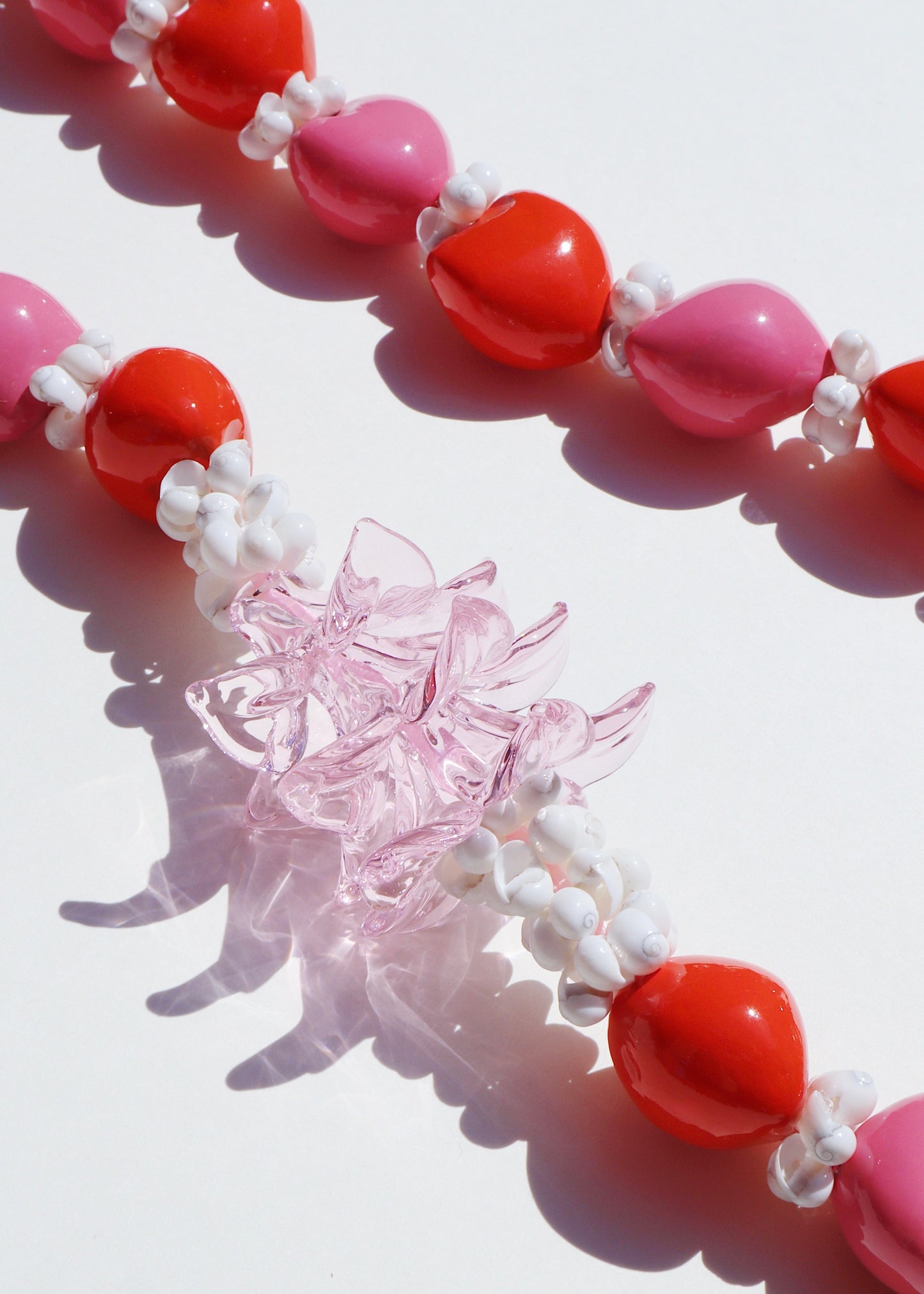 Kukui Nut & Pink Glass Plumeria Lei with 3 Glass Pua