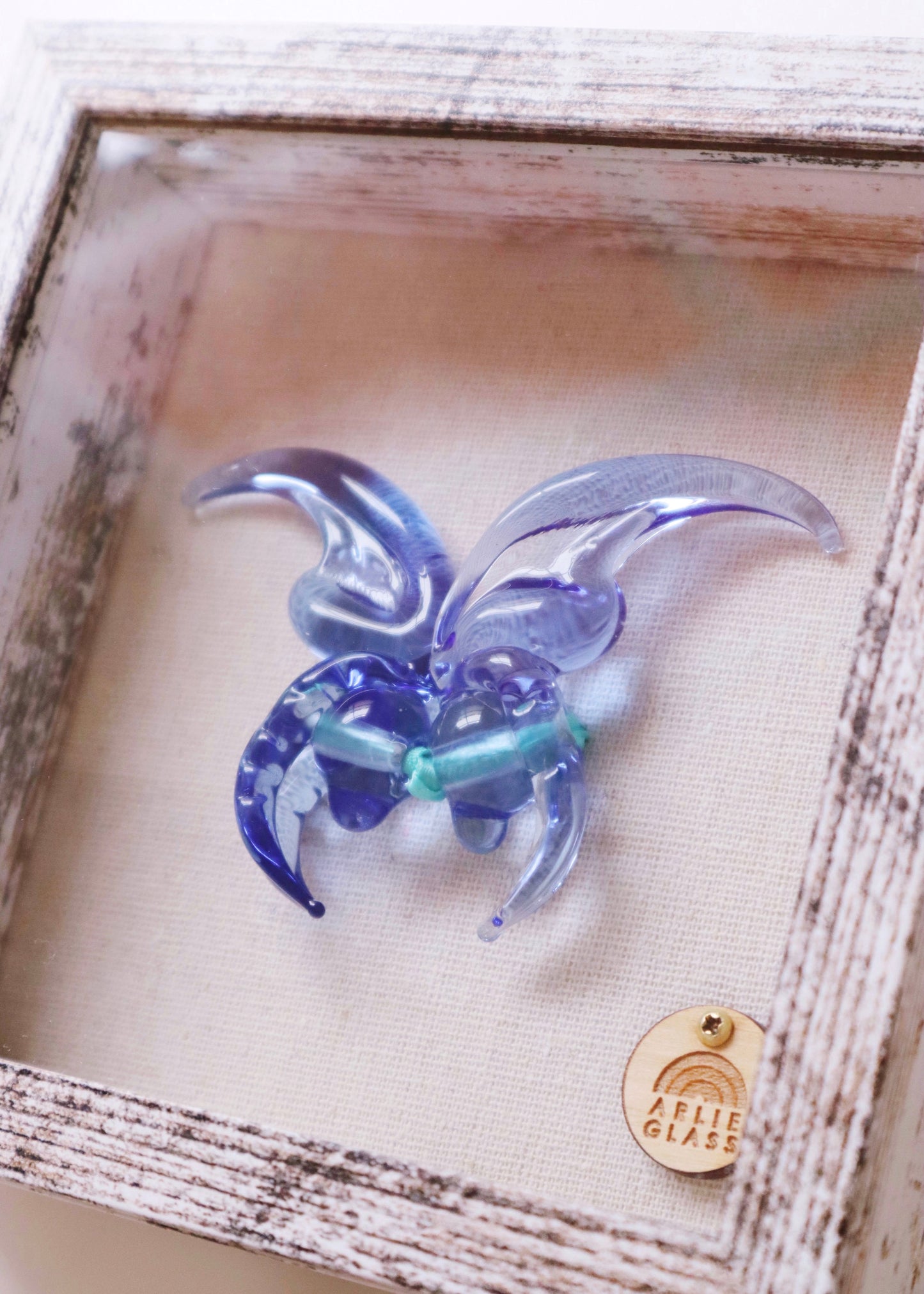Blue Jade Glass Butterfly in 5.5” x 5.5” Shadowbox No. 1