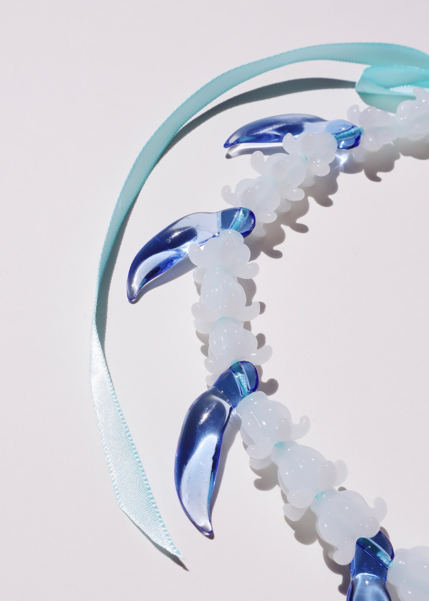Full Glass Blue Jade Bud & White Crown Flower Necklace