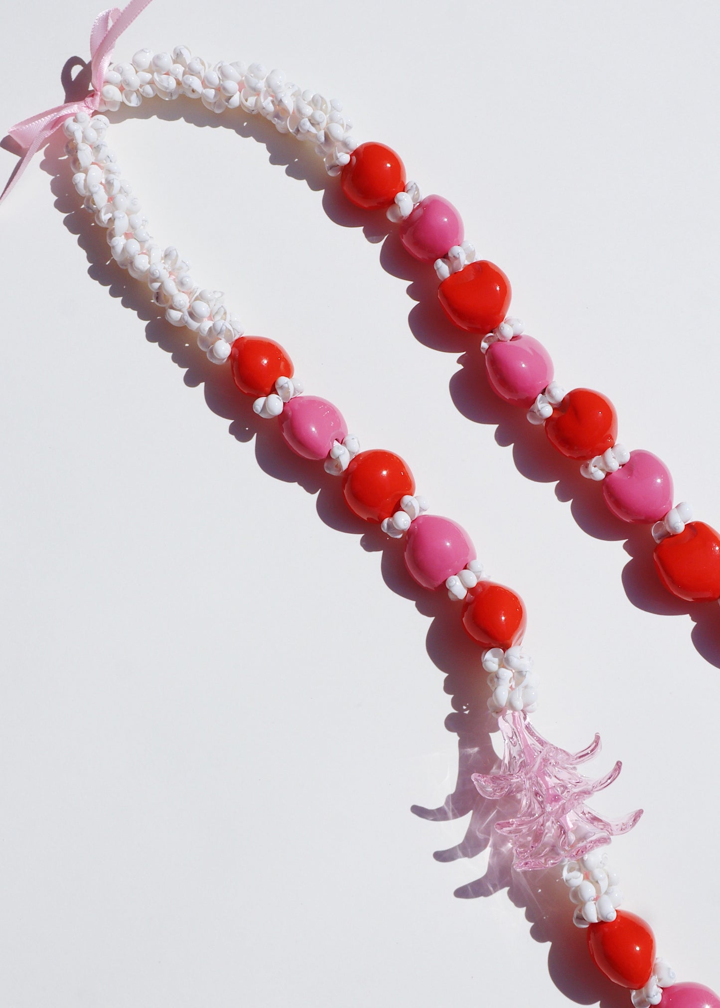 Kukui Nut & Pink Glass Plumeria Lei with 3 Glass Pua