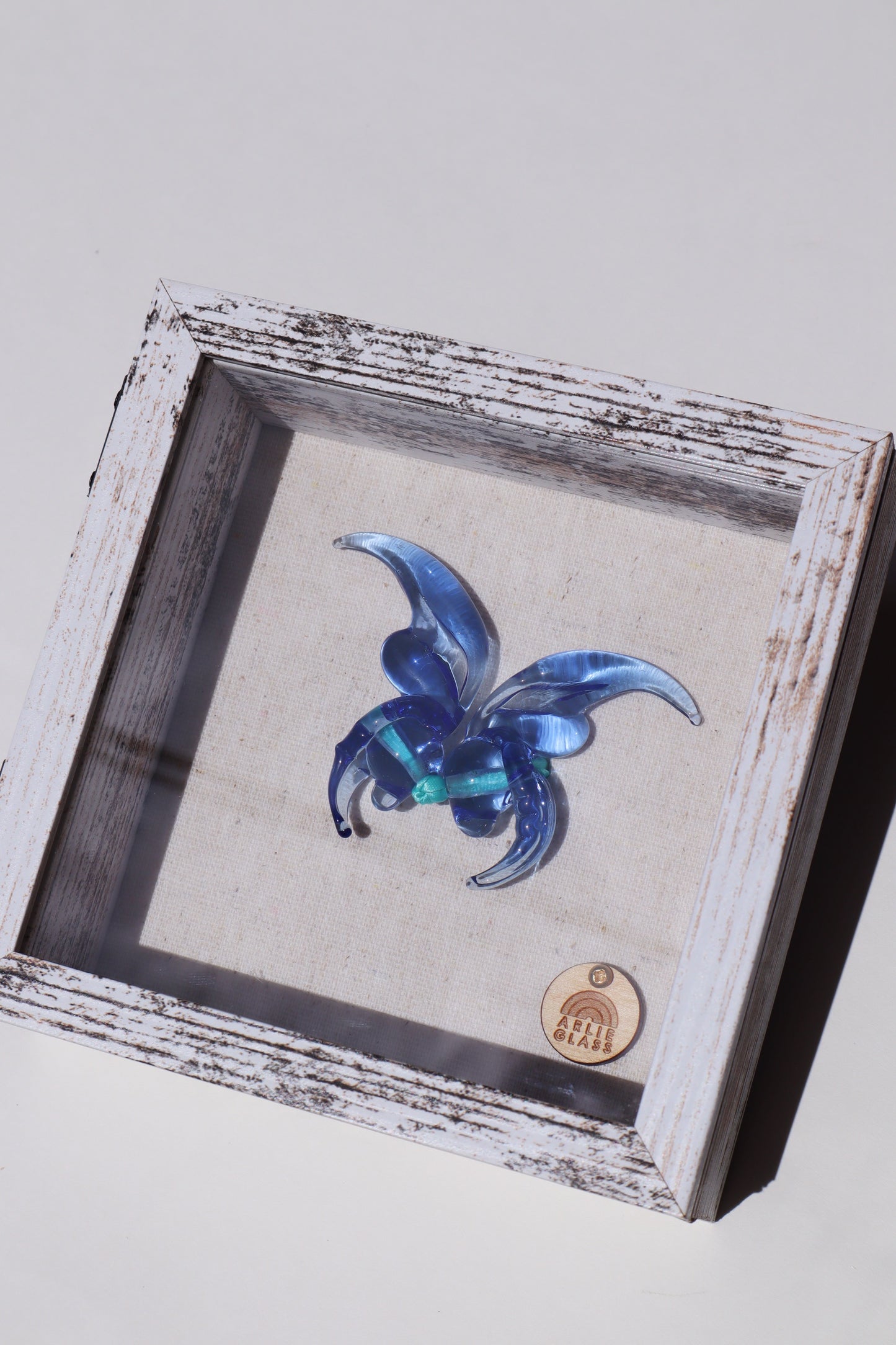 Blue Jade Glass Butterfly in 5.5” x 5.5” Shadowbox