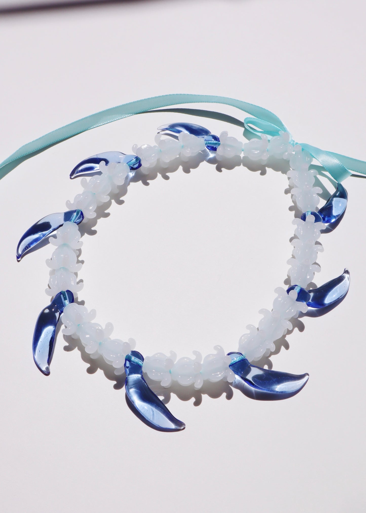 Full Glass Blue Jade Bud & White Crown Flower Necklace