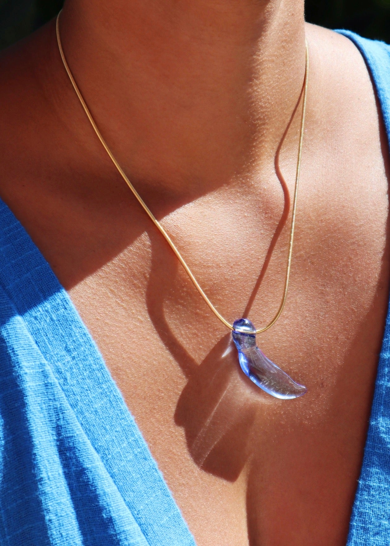 Single Blue Jade Bud Gold Filled Snake Chain Necklace