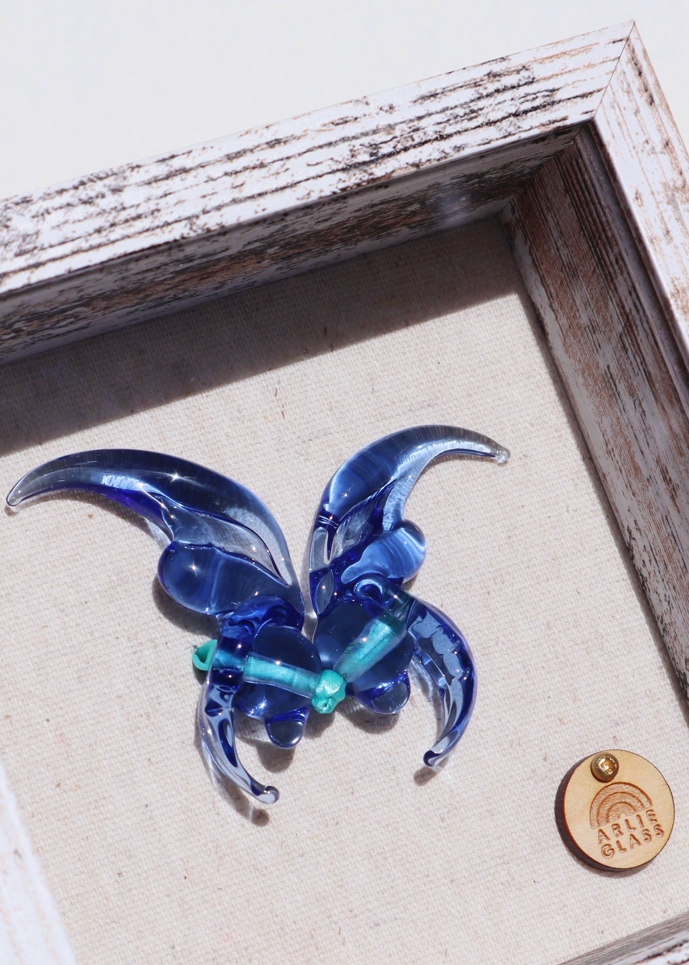 Blue Jade Glass Butterfly in 5.5” x 5.5” Shadowbox