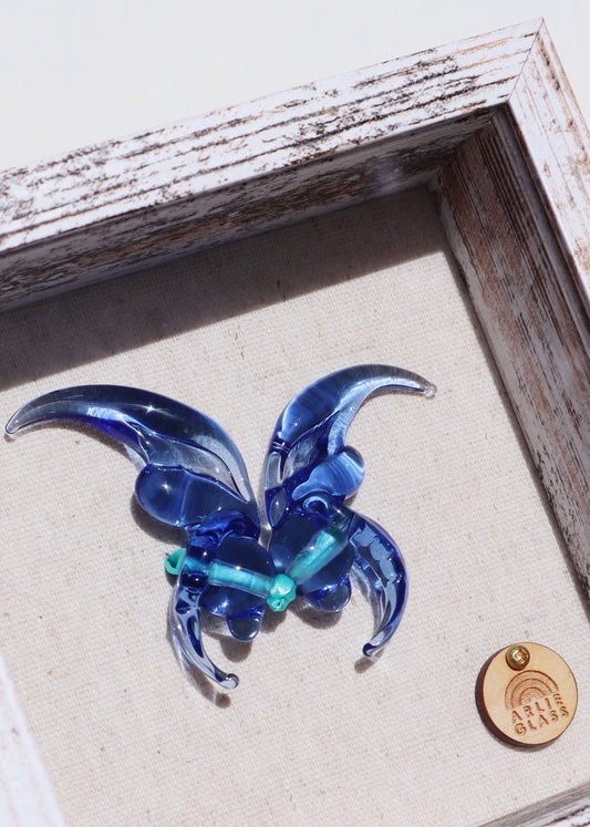 Blue Jade Glass Butterfly in 5.5” x 5.5” Shadowbox No. 2