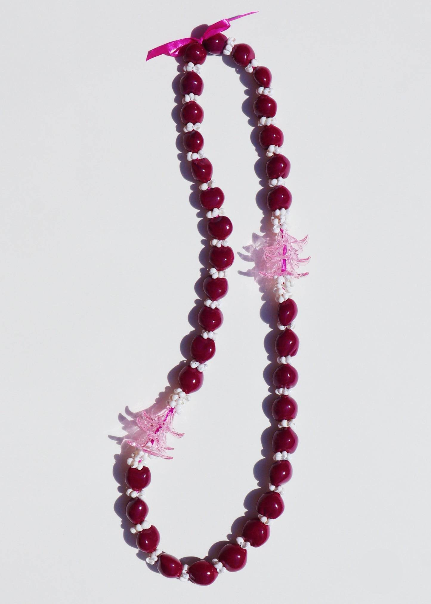 Kukui Nut & Pink Glass Plumeria Lei with 6 Glass Pua