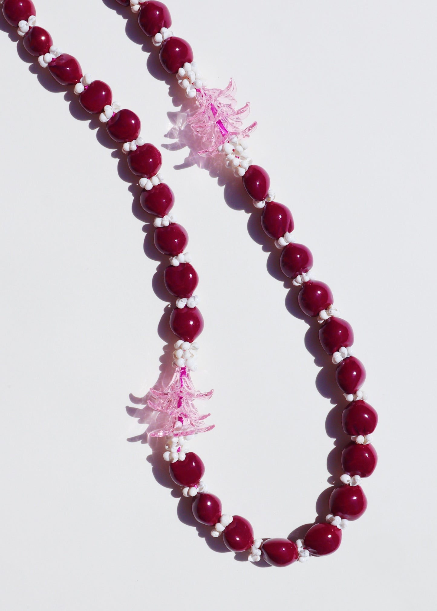 Kukui Nut & Pink Glass Plumeria Lei with 6 Glass Pua