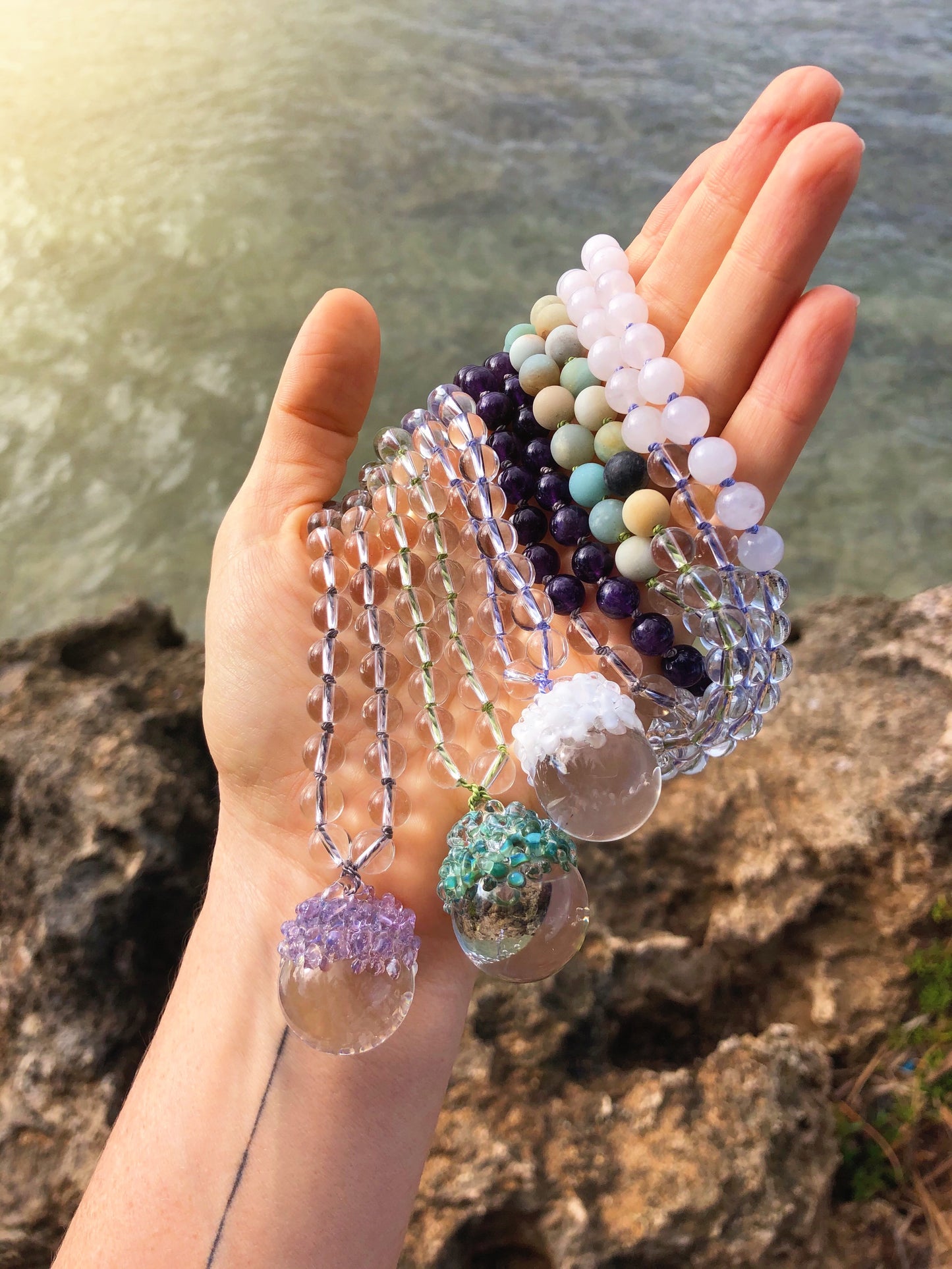 35% OFF SALE - Crystal Ball Mala Necklace - Rose Quartz & White Quartz