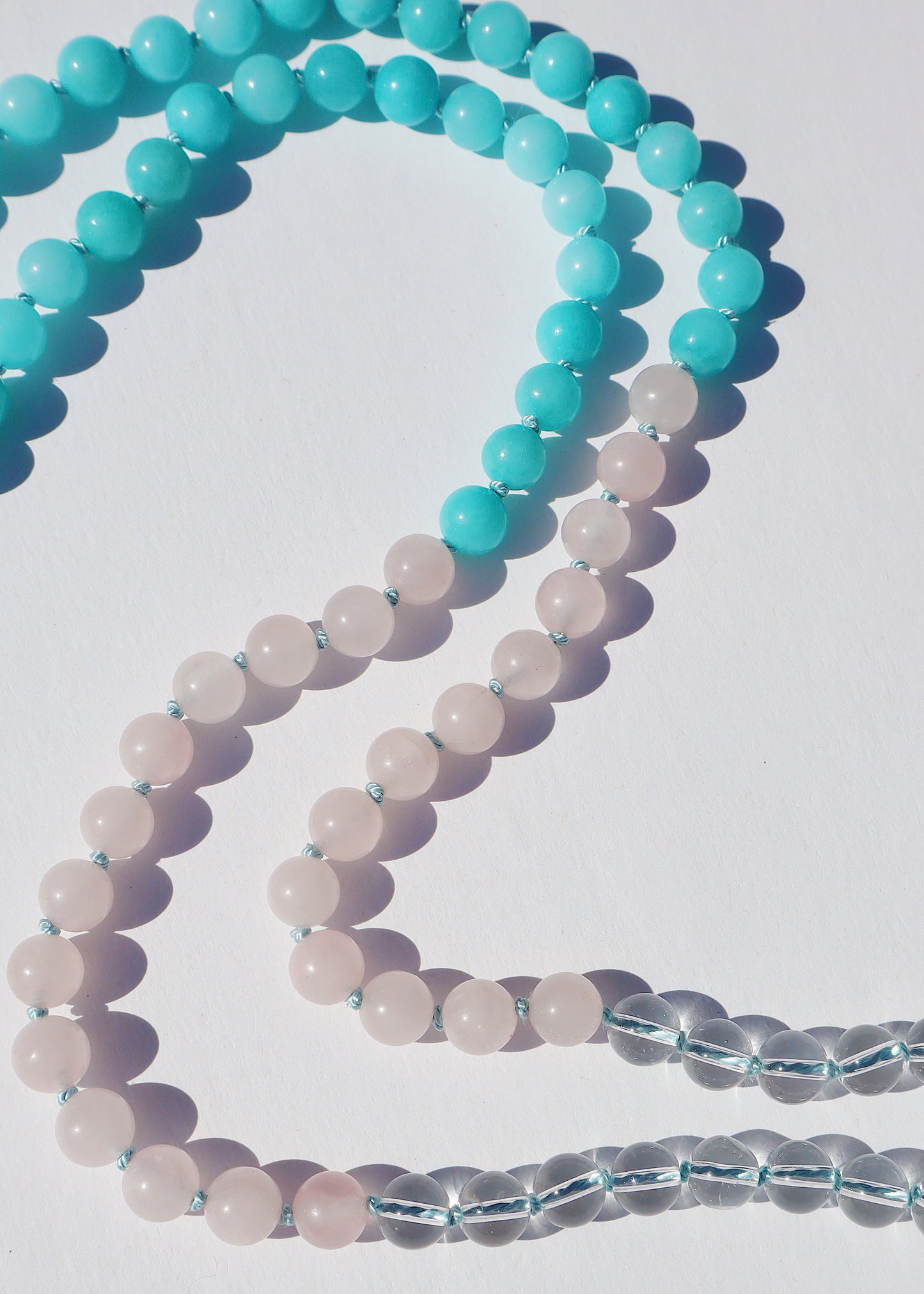 35% OFF SALE - Crystal Ball Mala Necklace - Rose Quartz & Aqua