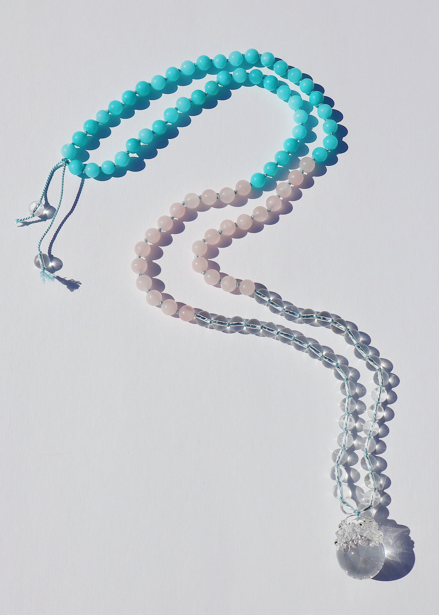 35% OFF SALE - Crystal Ball Mala Necklace - Rose Quartz & Aqua