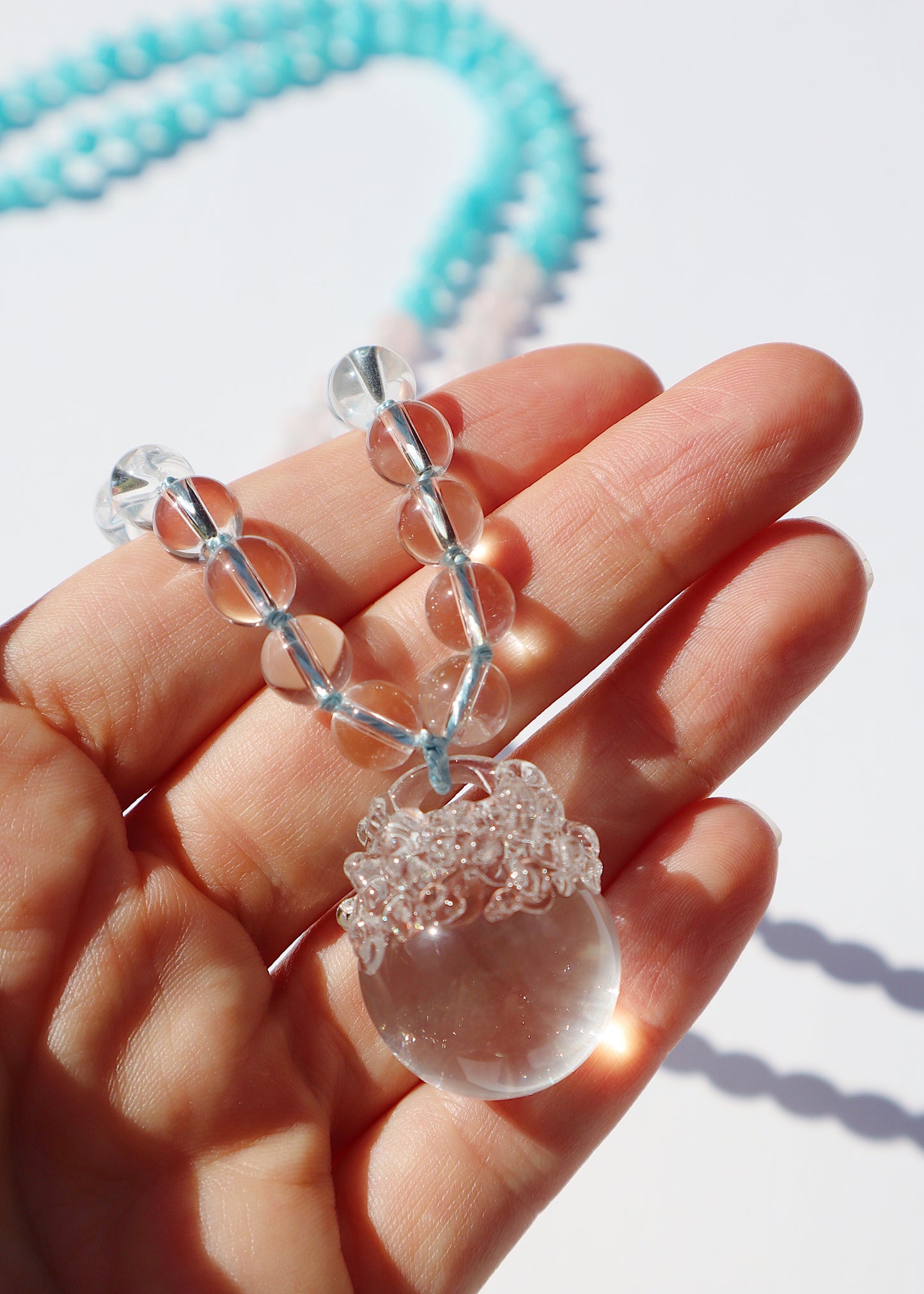 35% OFF SALE - Crystal Ball Mala Necklace - Rose Quartz & Aqua