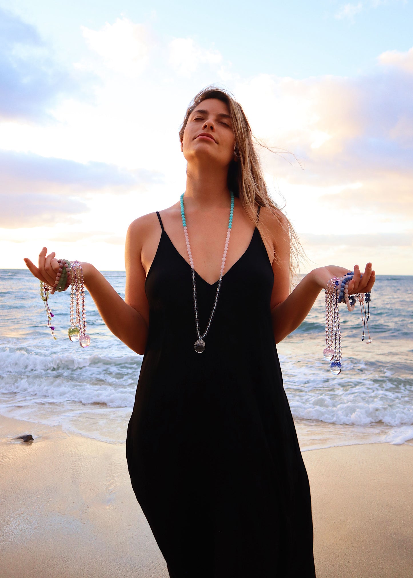 35% OFF SALE - Crystal Ball Mala Necklace - Rose Quartz & White Quartz