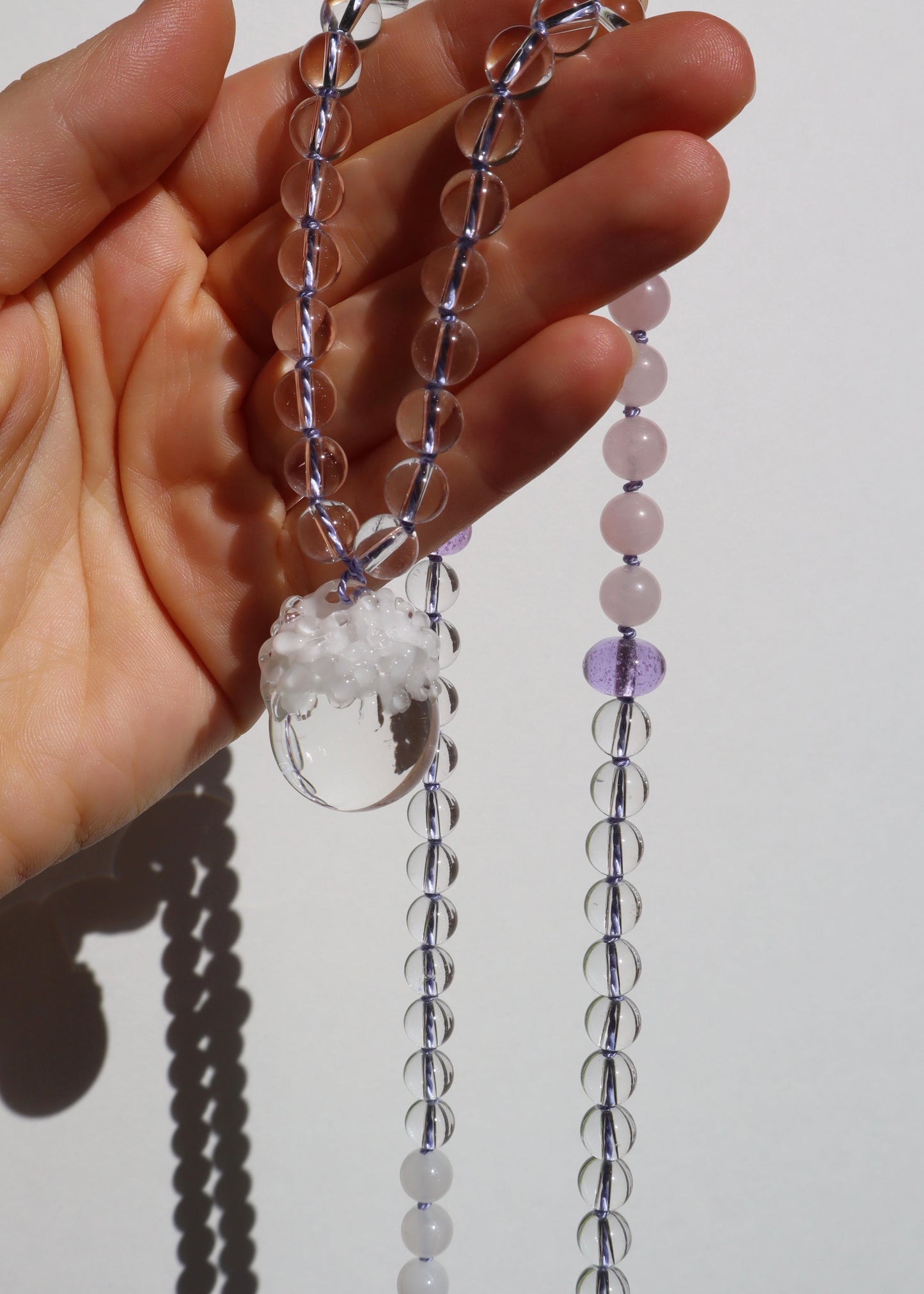 35% OFF SALE - Crystal Ball Mala Necklace - Rose Quartz & White Quartz