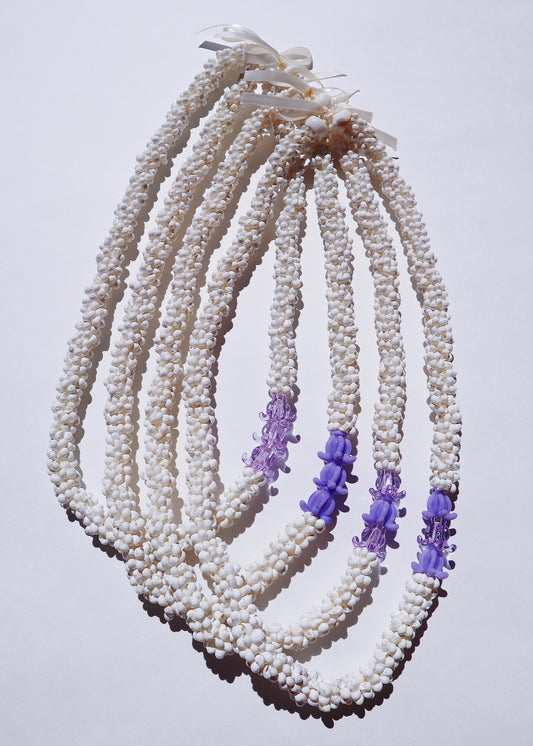 Crown Flower Mongo Shell Lei with 3 Glass Pua