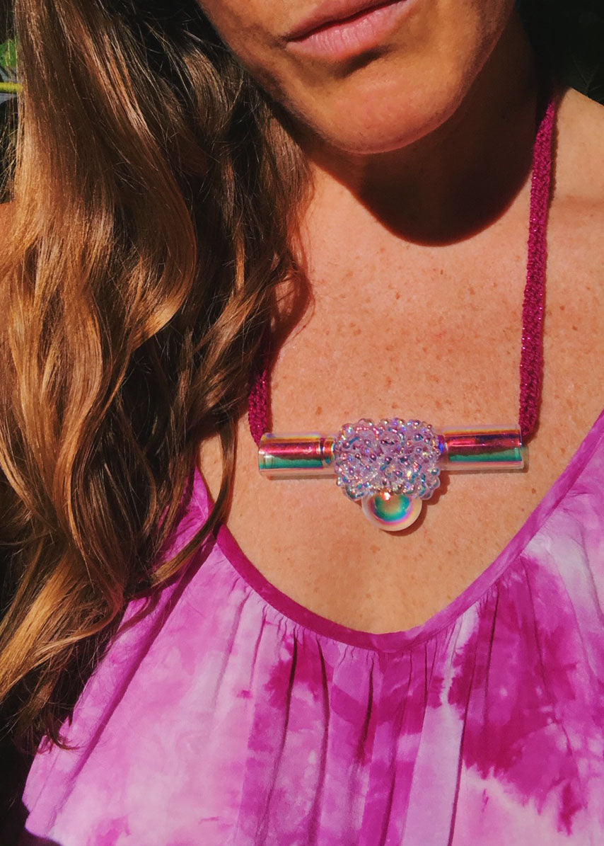 35% OFF SALE - Aura Cluster Orb Tube Necklace - Fuchsia Knit