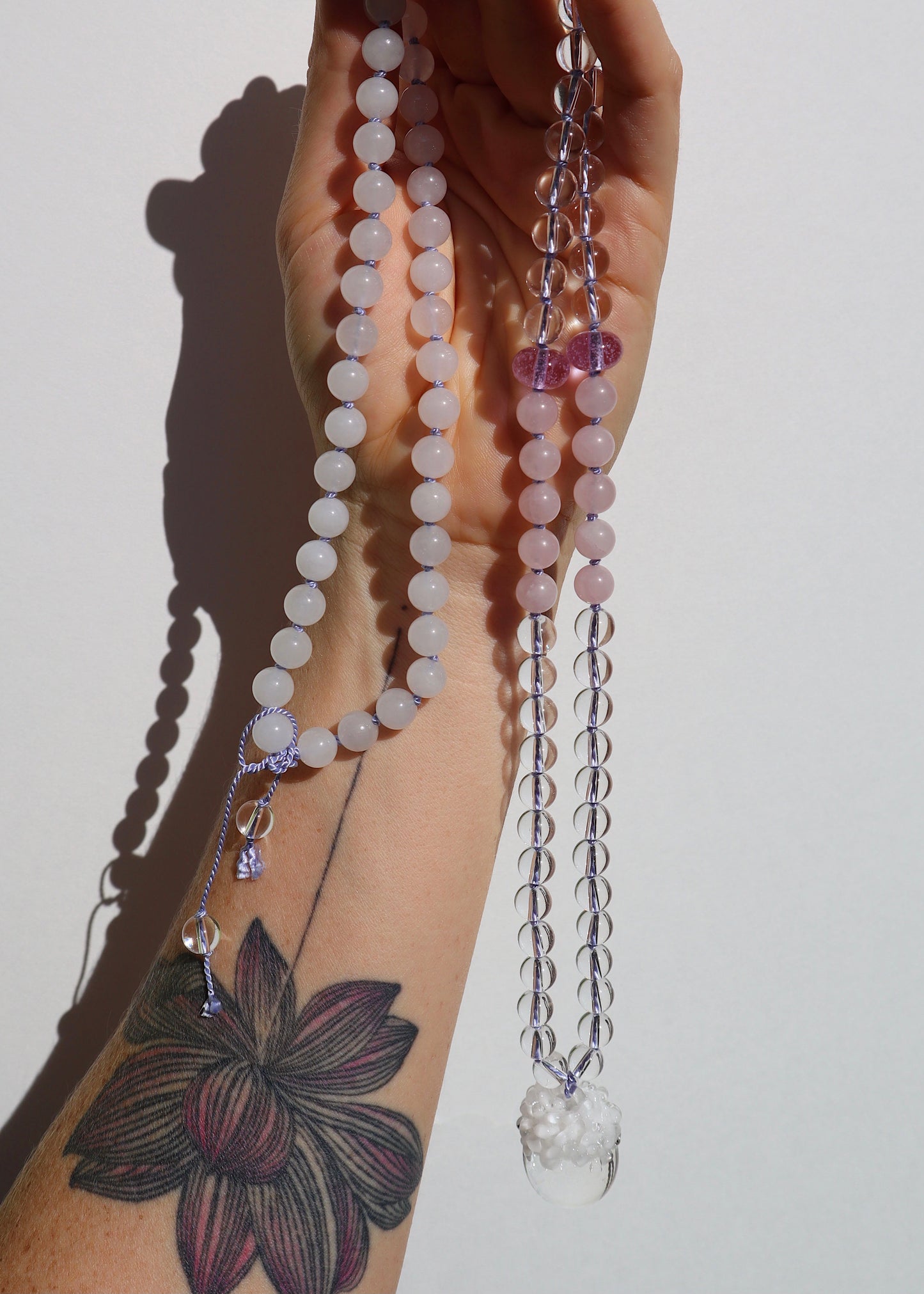 35% OFF SALE - Crystal Ball Mala Necklace - Rose Quartz & White Quartz