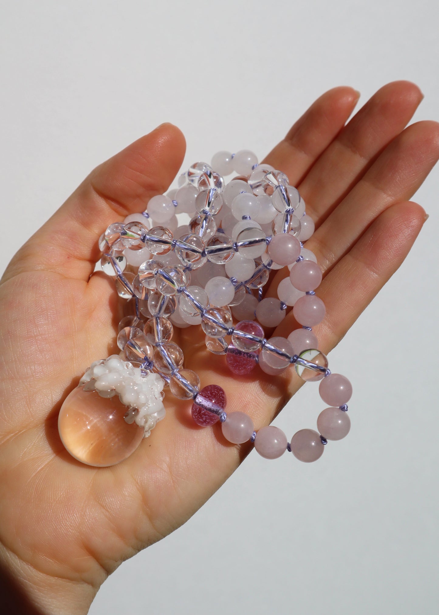 35% OFF SALE - Crystal Ball Mala Necklace - Rose Quartz & White Quartz