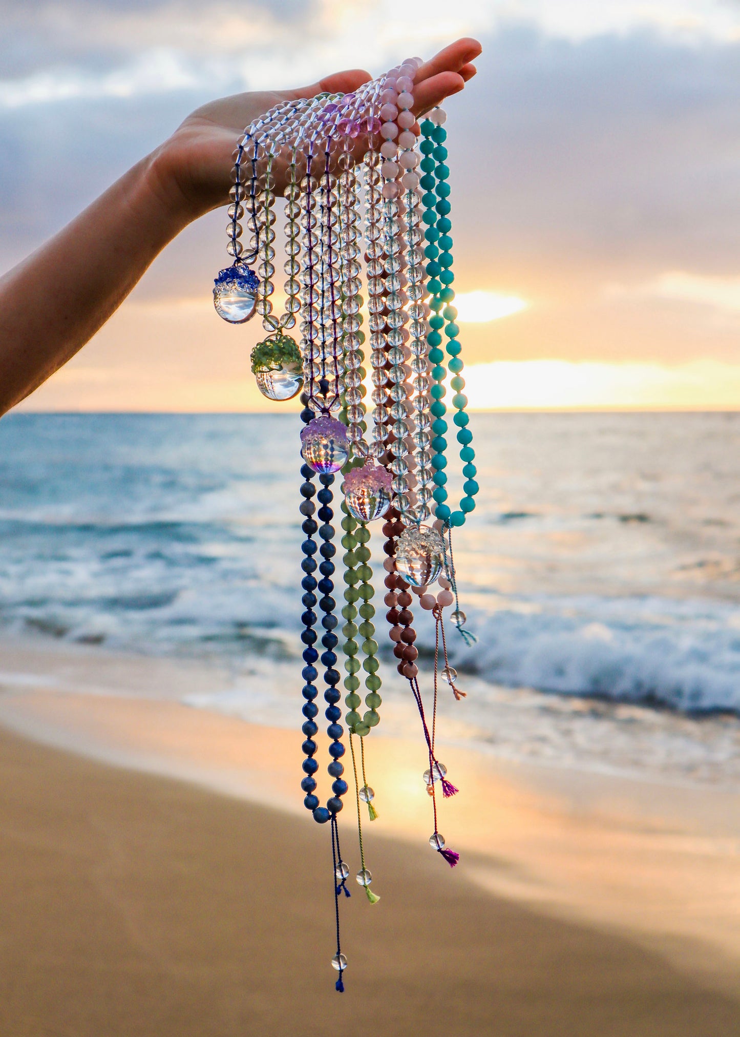35% OFF SALE - Crystal Ball Mala Necklace - Rose Quartz & Aqua