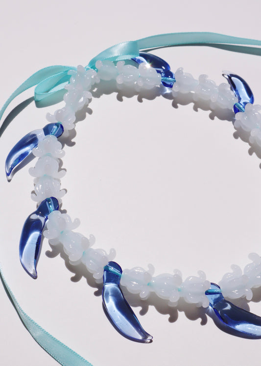 Full Glass Blue Jade Bud & White Crown Flower Necklace