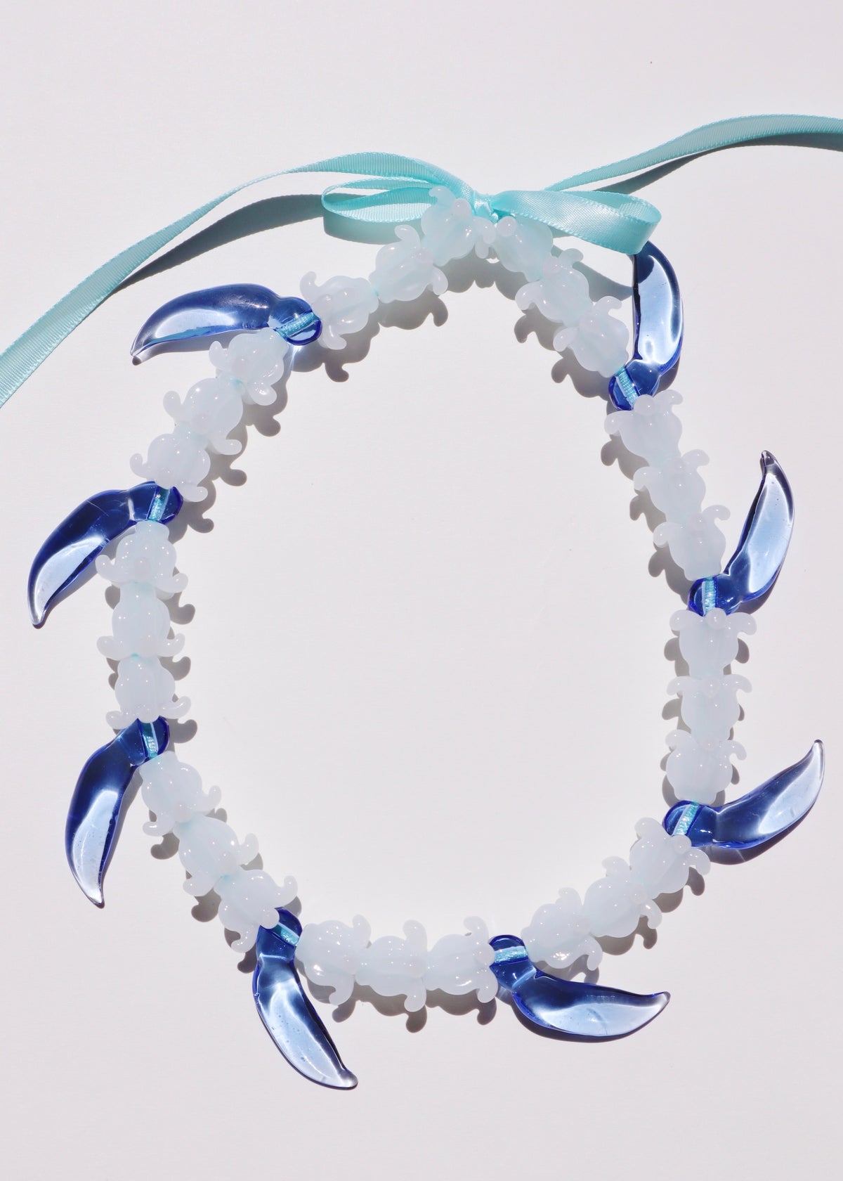 Full Glass Blue Jade Bud & White Crown Flower Necklace