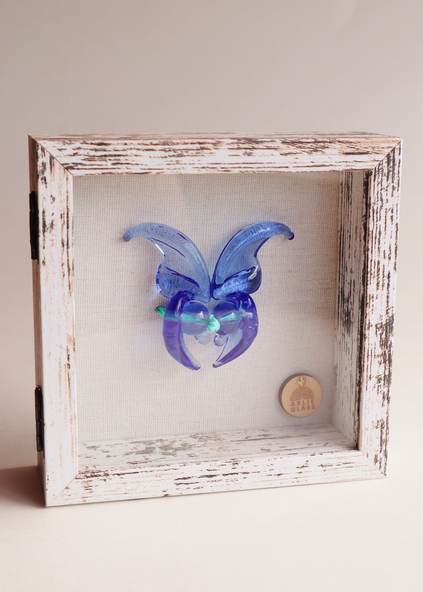 Blue Jade Glass Butterfly in 5.5” x 5.5” Shadowbox