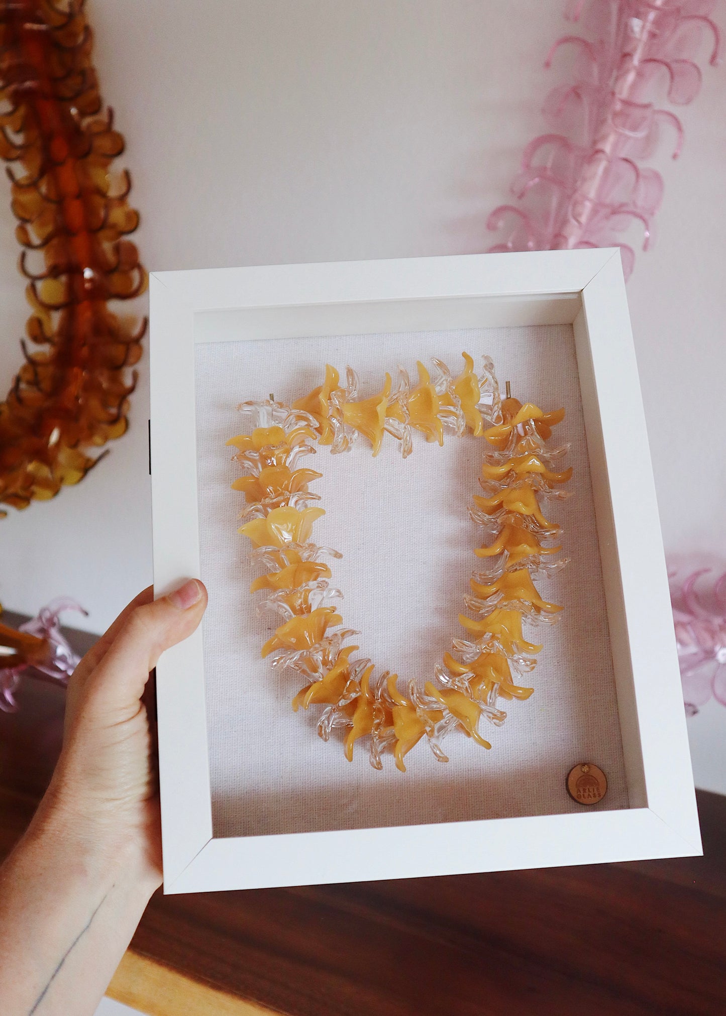 Perfectly Imperfect 40% OFF - Pua Melia Plumeria Glass Lei in 8.5" x 10" Shadowbox