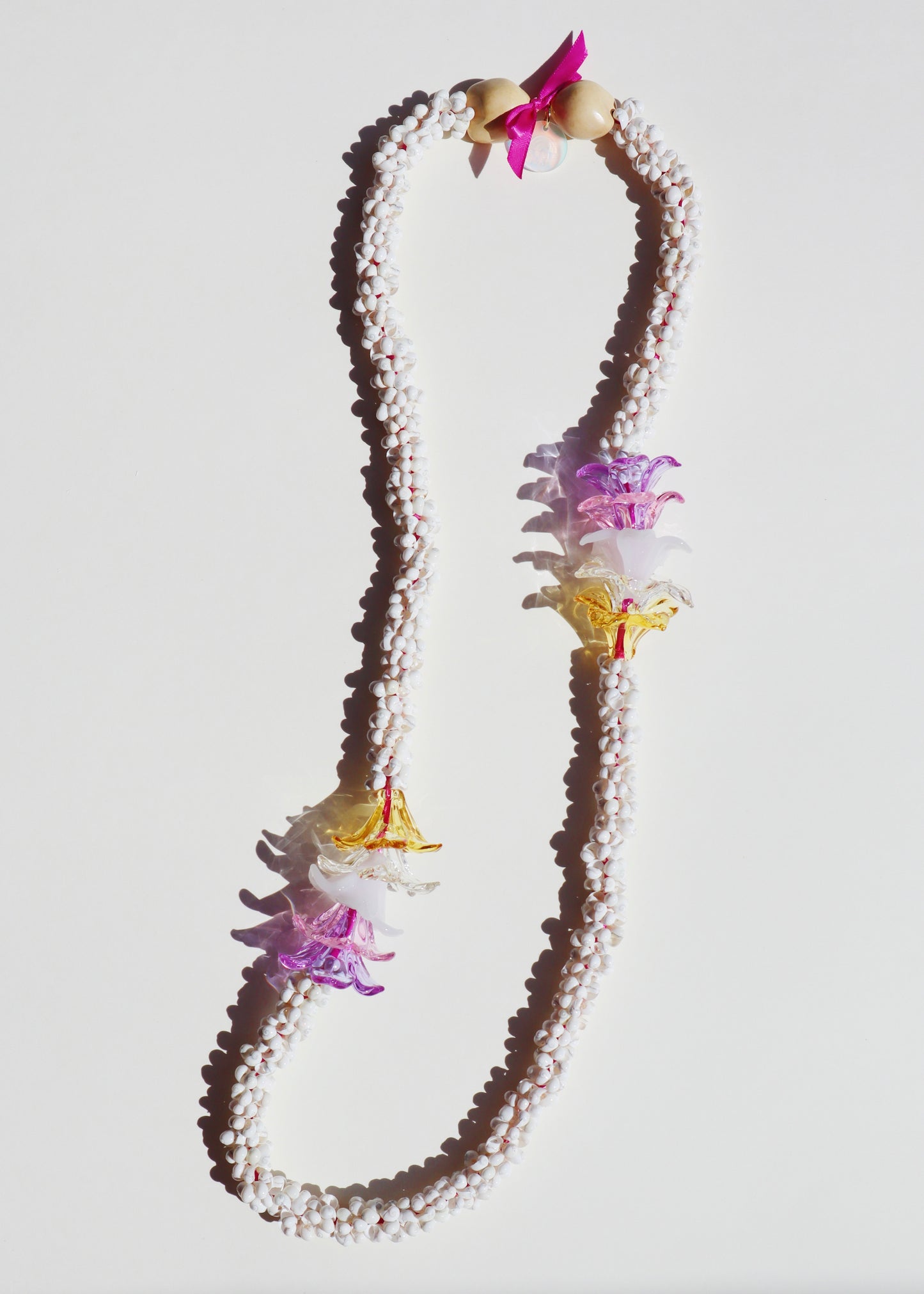 Mixed Color Glass Pua Melia Plumeria Mongo Shell Lei with 10 Pua
