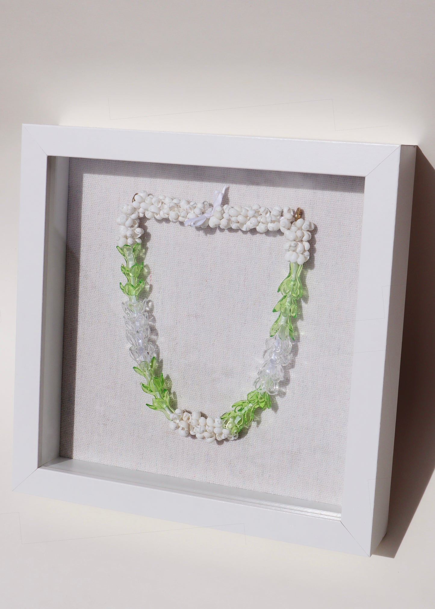 Perfectly Imperfect 40% OFF - Pikake & Pakalana Glass Mongo Shell Lei in 9" x 9" Shadowbox