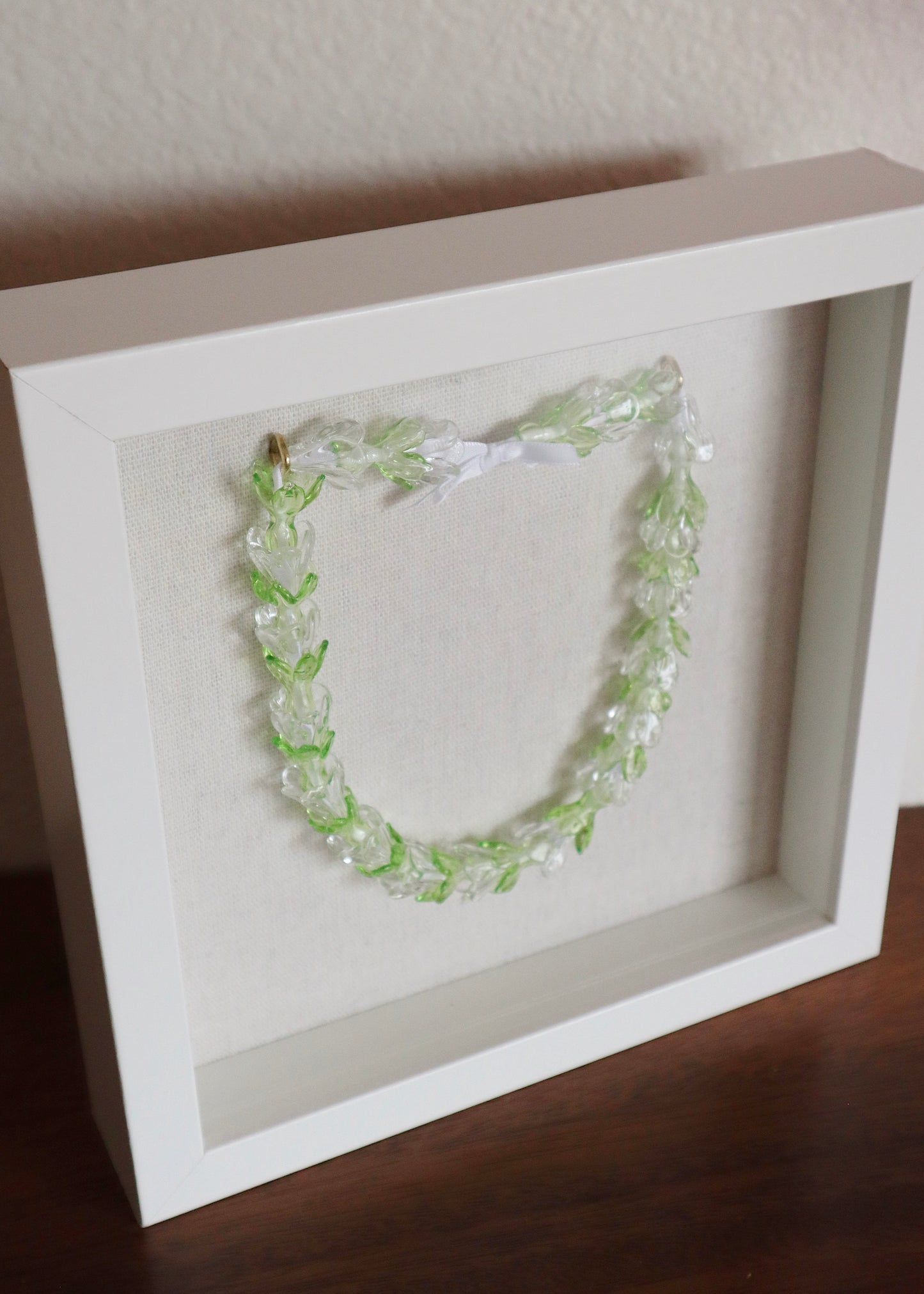 Perfectly Imperfect 40% OFF - Pikake & Pakalana Glass Lei in 9" x 9" Shadowbox