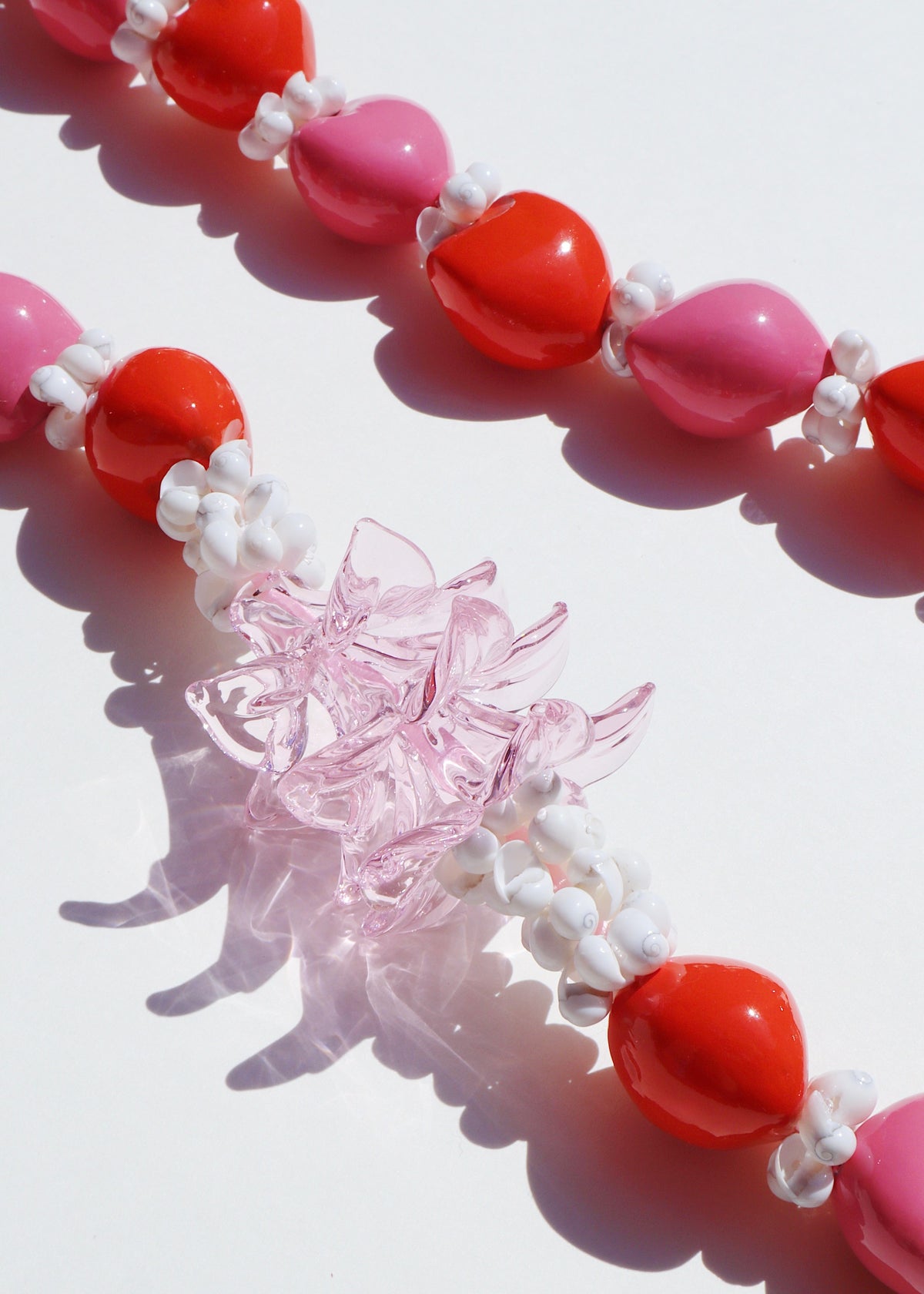 Kukui Nut & Pink Glass Plumeria Lei with 3 Glass Pua