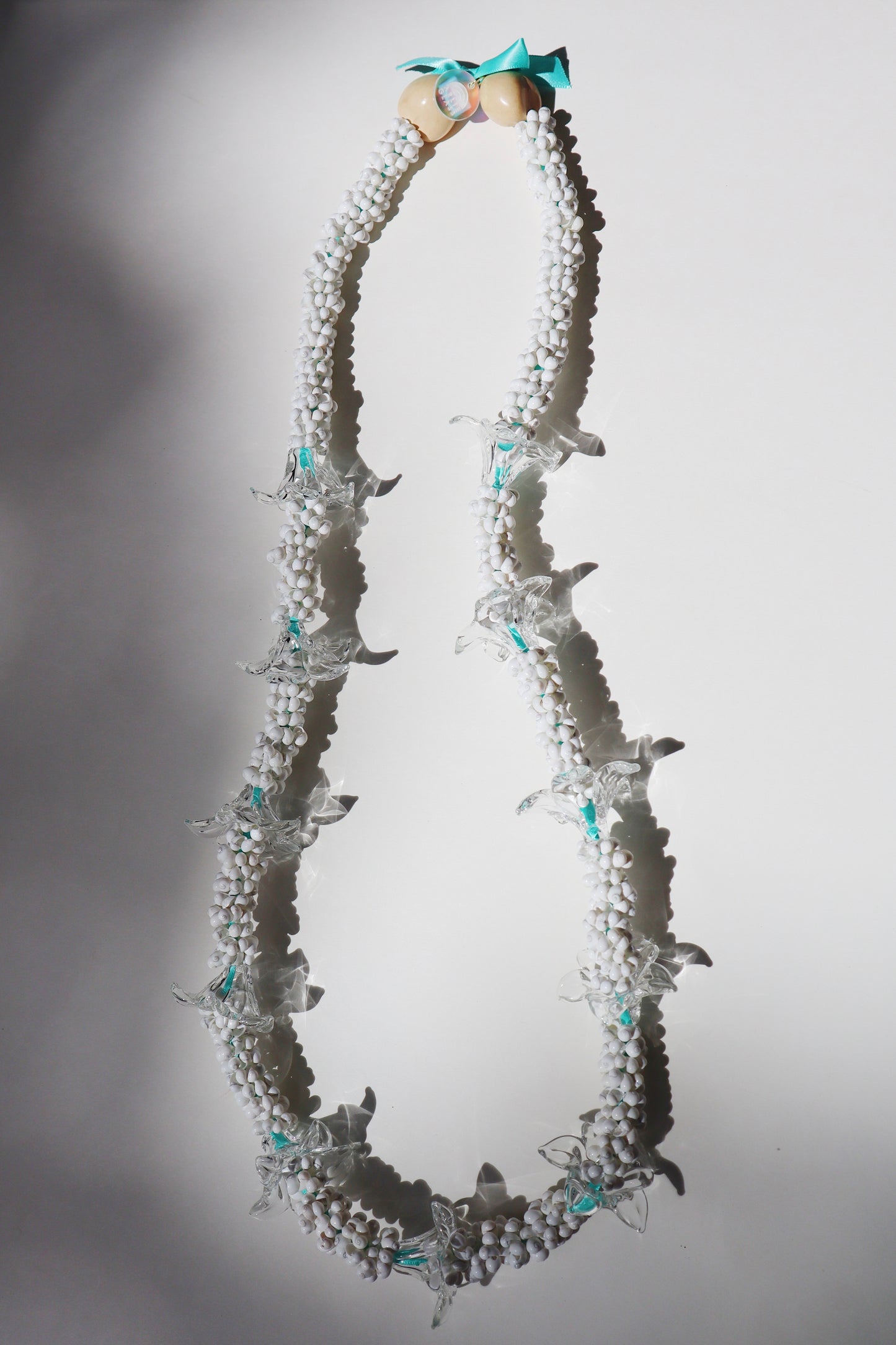 Perfectly Imperfect 40% OFF - Clear Glass Pua Melia Plumeria Mongo Shell Lei with 11 Pua