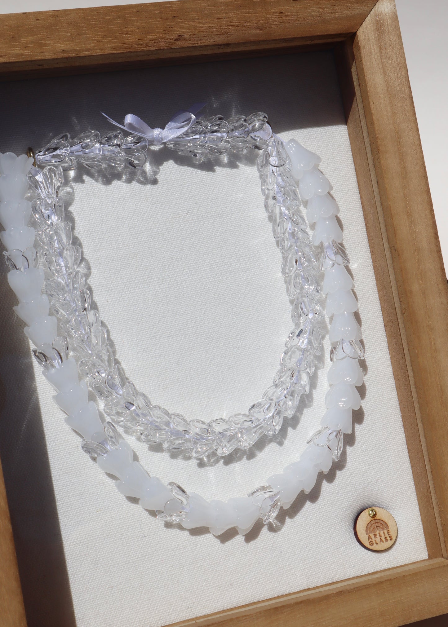 Pikake Glass Lei in 8" x 10" Shadowbox