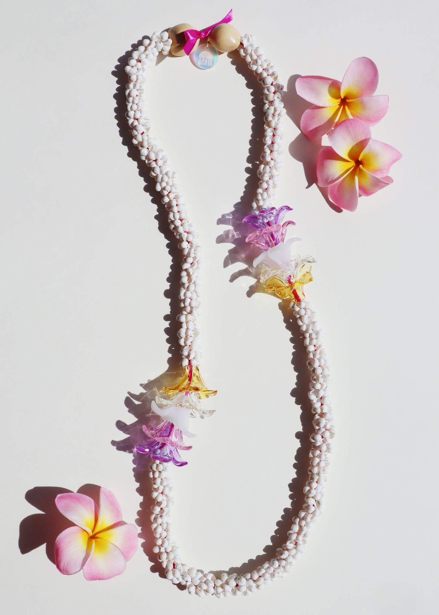 Mixed Color Glass Pua Melia Plumeria Mongo Shell Lei with 10 Pua