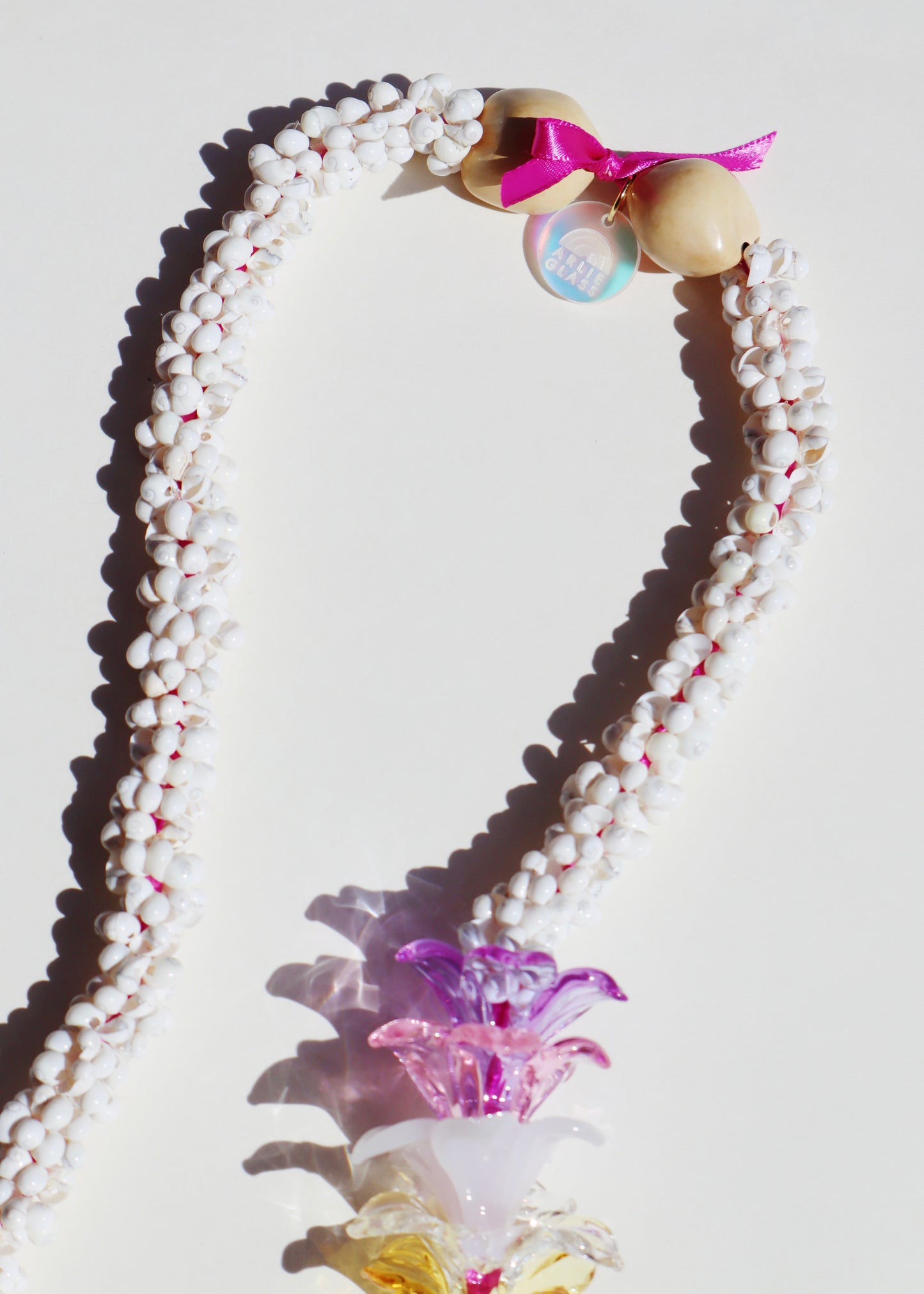 Mixed Color Glass Pua Melia Plumeria Mongo Shell Lei with 10 Pua