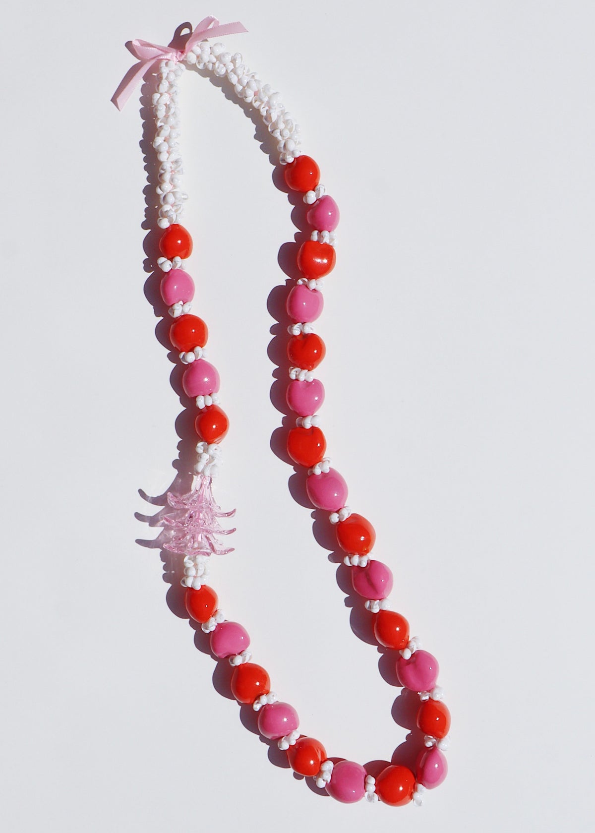 Kukui Nut & Pink Glass Plumeria Lei with 3 Glass Pua