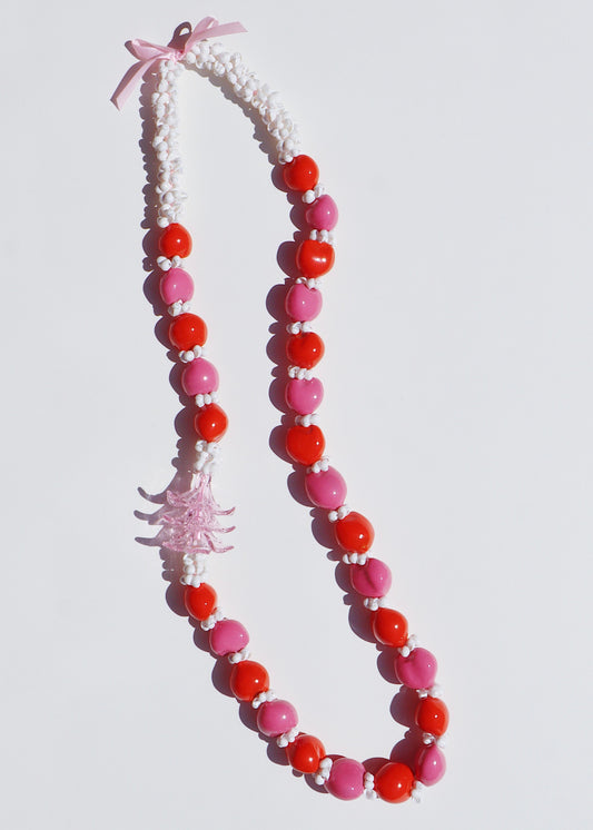 Kukui Nut & Pink Glass Plumeria Lei with 3 Glass Pua