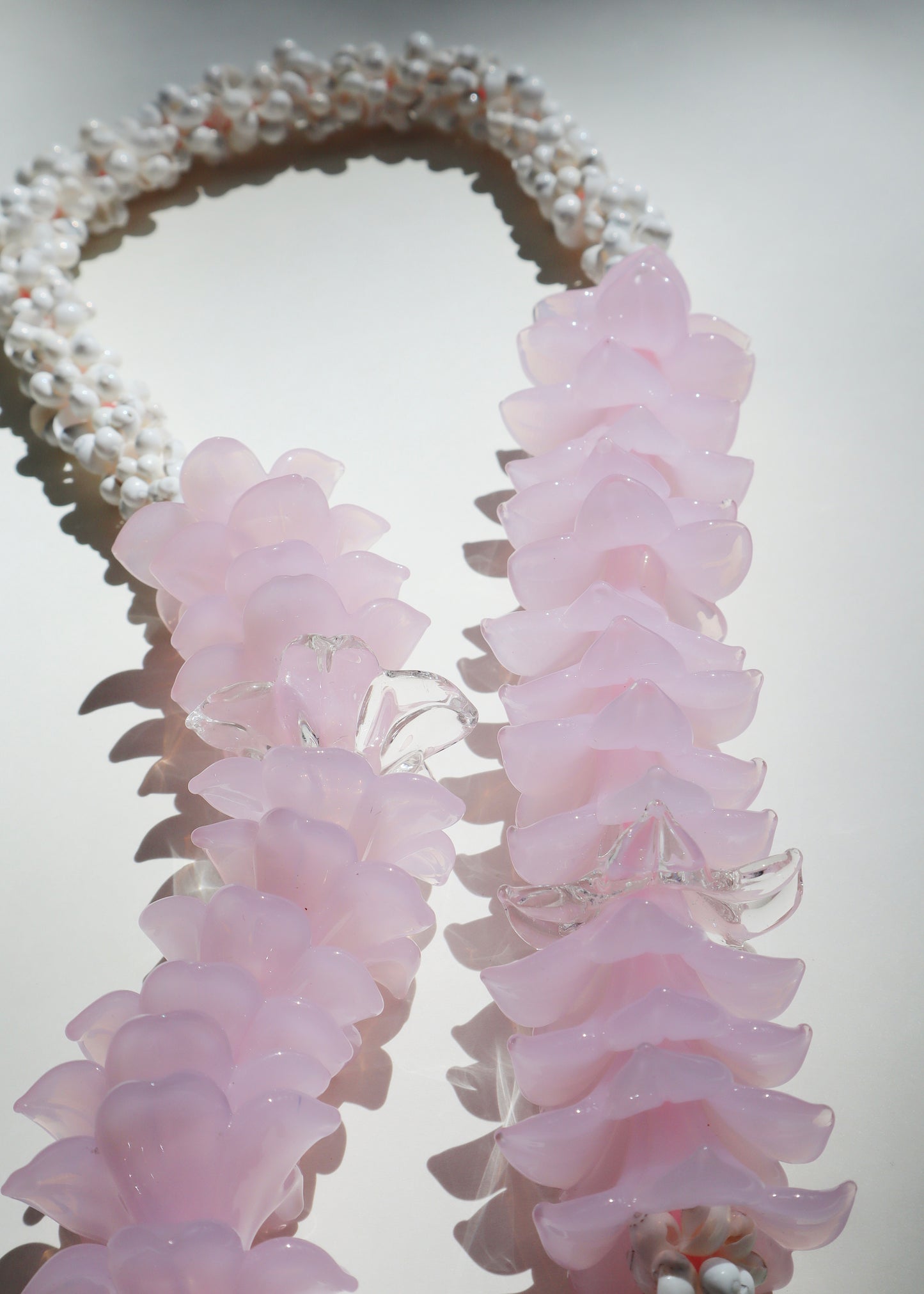 Perfectly Imperfect 40% OFF - Milky Pink Glass Pua Melia Plumeria Mongo Shell Lei with 30 Pua