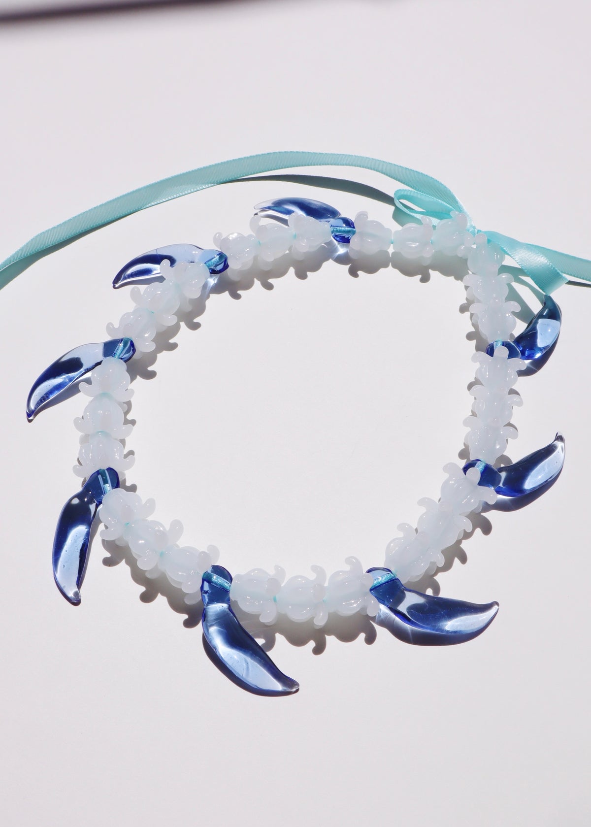 Full Glass Blue Jade Bud & White Crown Flower Necklace