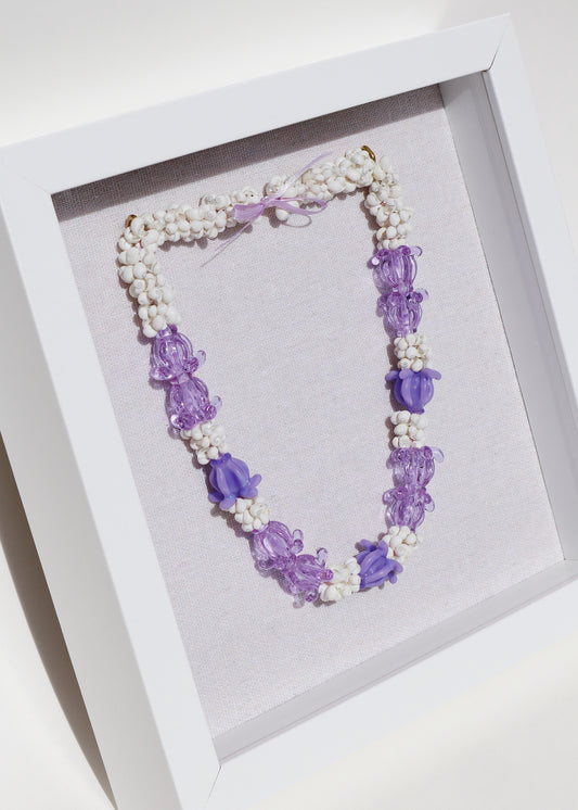 Pua Kalaunu Crown Flower Glass & Shell Lei in 9" x 9" Shadowbox