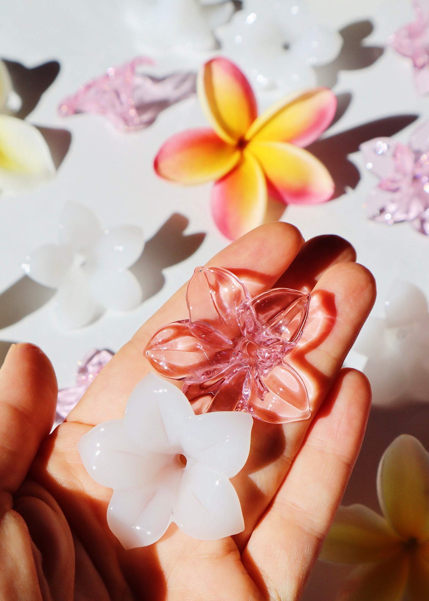 Single Pua Melia Plumeria Flowers - Translucent Pink & Milky White