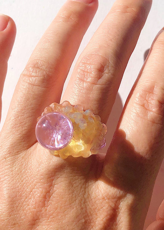 FROM THE ARCHIVES - Lilac, Yellow & Clear Glass Cluster Orb Ring // Size 8